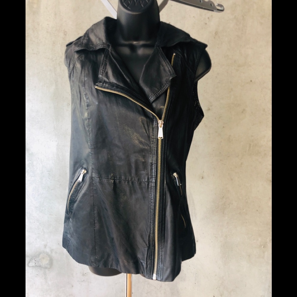 AQUA Black Leather Sleeveless Moto Vest
